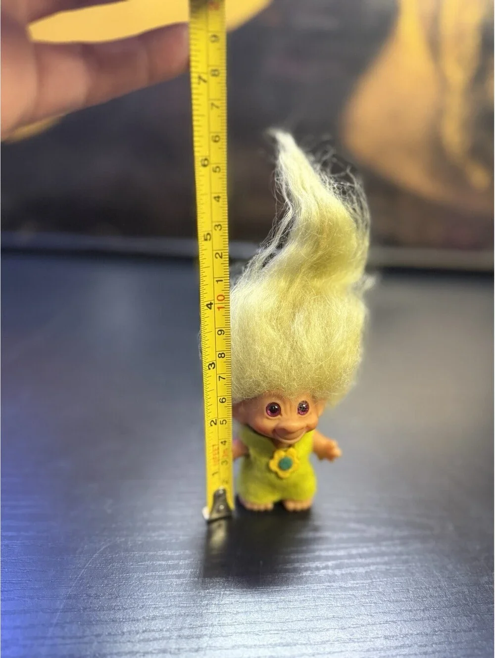 Vintage Mini Troll Doll Yellow Hair Green Felt Outfit Flower 3”